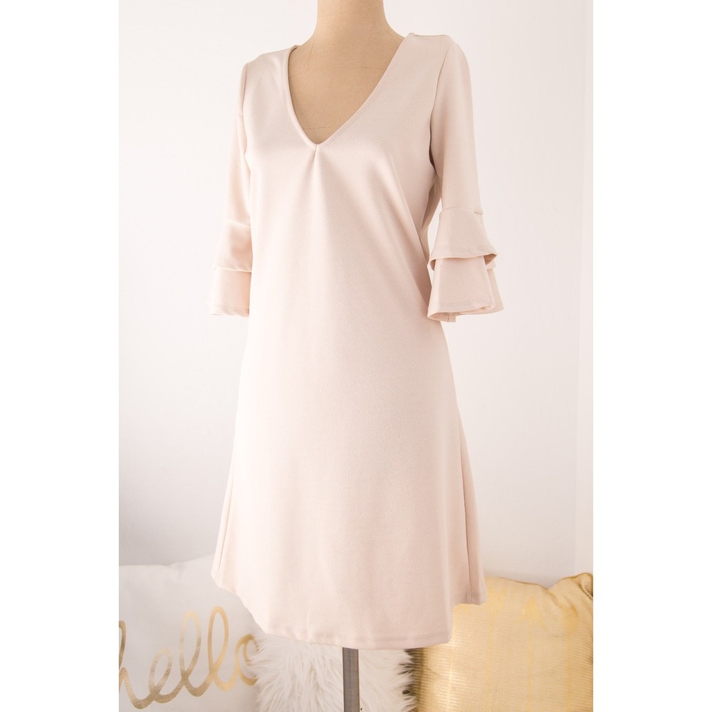 Womens Dress Ruffle Tiered Bell Sleeve B-Neck The Vanity Room Beige‎ Sz S NEW
